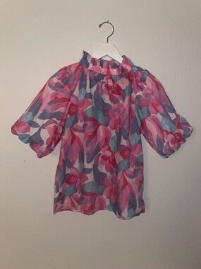 THML Pink and Purple Floral Puff-Sleeve Blouse
